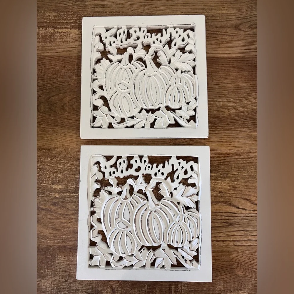 White Decorative Pumpkin Fall Blessings Distressed Wood Trivets Set of‎ Two